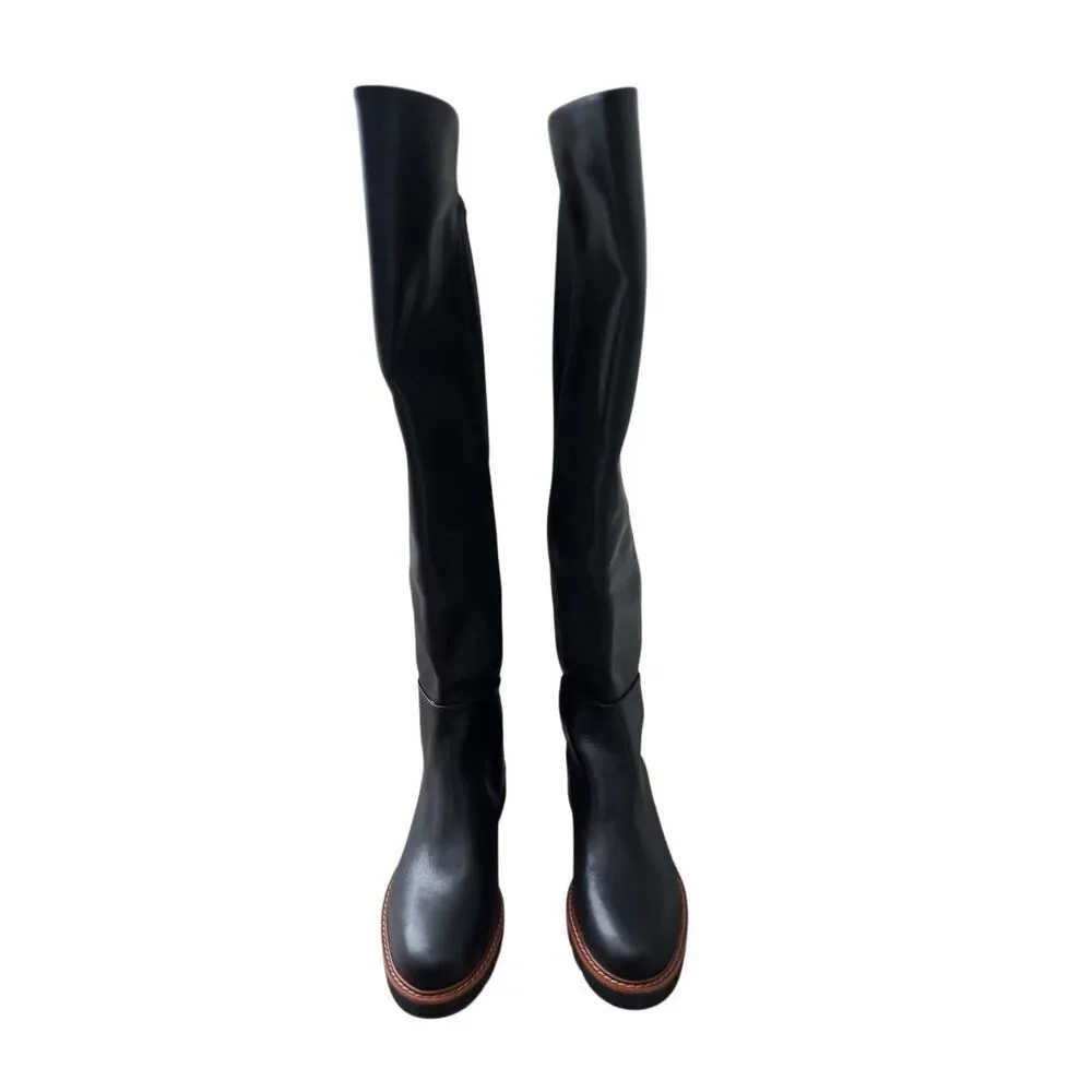 Stuart Weitzman Over The Knee Leather Boots Almond Toe Size 6 in Black‎ NEW